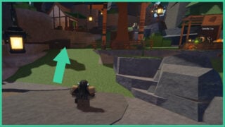 The green hill next to Greedy Cey's stall in The Forge with an arrow that points up the hill, towards a house in the distance with a green canopy.