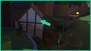 An arrow pointing towards the section of a building in The Forge that you need to jump through to get to the Lucky Blocks. The player stands on a stone platform facing the building.
