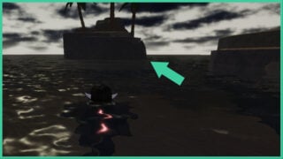 An arrow pointing at a small island to the left as a player swims through the water in The Forge.