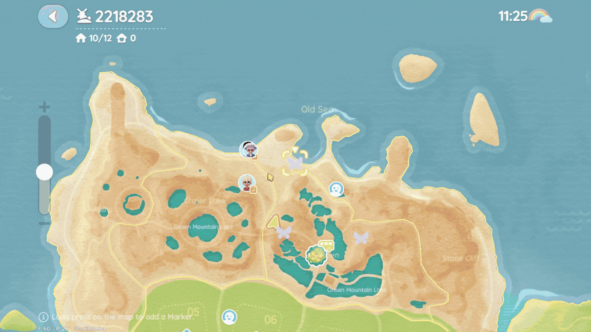 The location of Doris in Heartopia during the Rainbow event, shown on both the map and in-game.
