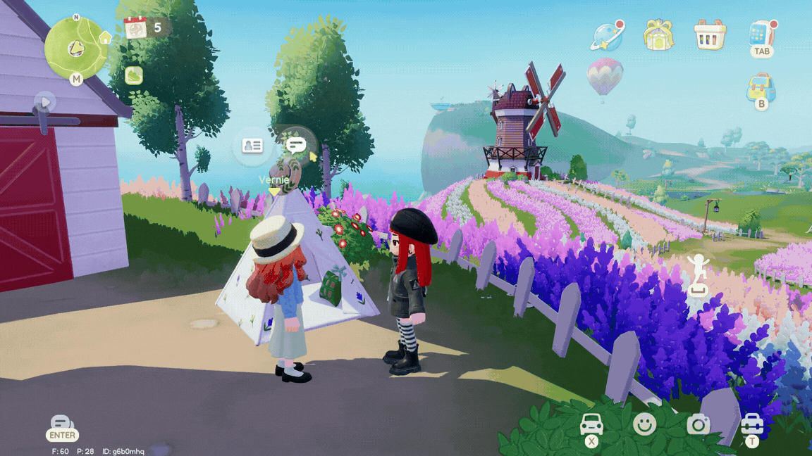 The NPC Vernie in Heartopia as she stands outside a windmill by flower fields speaking to a player. The gif then shows the player's current location on the map.