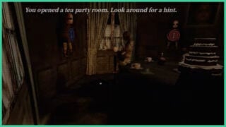 The clock puzzle in Dollhouse Bloodshed, with various doll-shaped clocks on the walls with spirals and Roman numerals. There is a multi-tiered cake on the table.