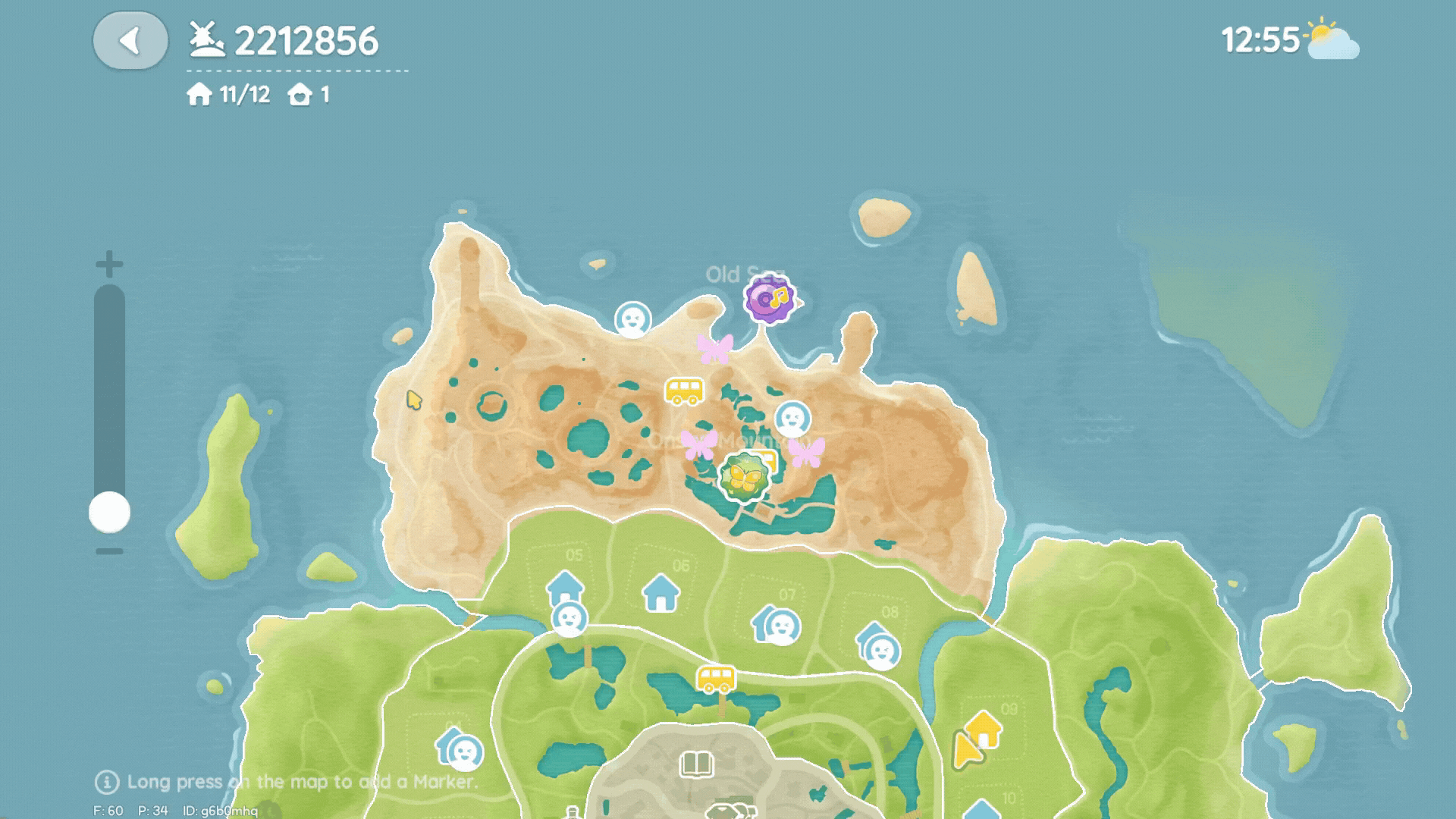 The map in Heartopia as the mouse cursor circles around the Onsen Mountain area, indicating the approximate location of the Aurora.