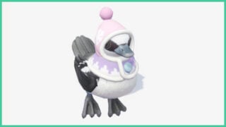 The Winter Smew in Heartopia, wearing a pink and purple hat and scarf.