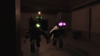 Screenshot from the DOORS Paradox bad ending cutscene, showing NPCs Verde and Viola trying to escape from The Lab. They're running down a corridor, holding each other's hands. Screenshot from the DOORS Paradox bad ending cutscene, showing NPCs Verde and Viola trying to escape from The Lab. They're running down a corridor, holding each other's hands.