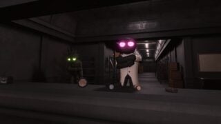 Screenshot from DOORS Paradox showing The Shop area. It shows a lab section with a counter, items lined up on it. Behind the counter are two figures. One is an individual with dark skin, glowing violet eyes, and pointy teeth. The other is a dragon-like humanoid also with dark skin, and green eyes, who stands in the corner hugging his elbows. Screenshot from DOORS Paradox showing The Shop area. It shows a lab section with a counter, items lined up on it. Behind the counter are two figures. One is an individual with dark skin, glowing violet eyes, and pointy teeth. The other is a dragon-like humanoid also with dark skin, and green eyes, who stands in the corner hugging his elbows.