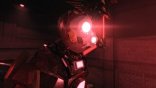 A screenshot from DOORS Paradox showing the head of the EX-15 boss, a huge robot made from scrap with red glowing eyes. A screenshot from DOORS Paradox showing the head of the EX-15 boss, a huge robot made from scrap with red glowing eyes.