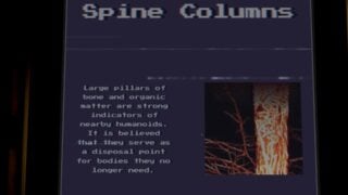 Screenshot from Mulberry county showing a screen from the VHS tape you find in Chapter 2. It shows a low quality photo of something similar to a tree trunk, but it appears white and red. It's labelled 'Spine Columns'. Screenshot from Mulberry county showing a screen from the VHS tape you find in Chapter 2. It shows a low quality photo of something similar to a tree trunk, but it appears white and red. It's labelled 'Spine Columns'.