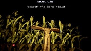 Screenshot from Mulberry County. It shows the objective 'Search the cornfield' and shows the cornfield after dark, with a headless scarecrow in front of a gloomy field of fully grown corn. Screenshot from Mulberry County. It shows the objective 'Search the cornfield' and shows the cornfield after dark, with a headless scarecrow in front of a gloomy field of fully grown corn.