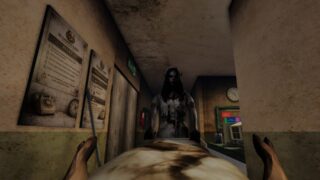 Screenshot from The Morgue Shift. It shows the player's viewpoint as they're stuck on a stretcher in a gloomy corridor, being pushed by a creepy nurse. Screenshot from The Morgue Shift. It shows the player's viewpoint as they're stuck on a stretcher in a gloomy corridor, being pushed by a creepy nurse.