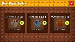 Screenshot from the Bizzy Bees event 2026, showing a window displaying all three of the bee eggs currently available, the white Common Bee Egg, the blue Rare Bee Egg, and the red Mythical Bee Egg.