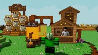 A Grow A Garden screenshot showing a player standing in front of the Honey Compressor, a stall next to a large machine with three big tanks filled which a gold liquid.