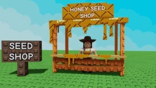 Grow A Garden screenshot of the Honey Seed stall, a wooden stall with a dripping honey effect on top. An NPC in a sun hat stands at the counter. 