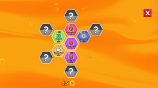 Screenshot of the Bizzy Bees upgrade page. It shows various hexagonal cells on a honey orange background, offering options on how to upgrade your bees, hive, or honey compressor.