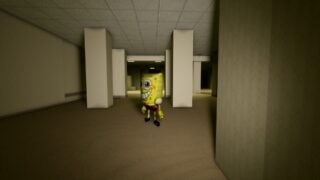 Screenshot from Unseen Liminality, showing a Spongebob Balloon floating in a dark office-like room with yellow-cream walls.
