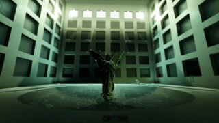 Screenshot from Unseen Liminality, showing the Pool Rooms. A large pool of water stretched out in front of the viewer, with an angel statue in the centre, half in shadow. The angel appears to be pointing upwards. Light streams in from some high-up windows.