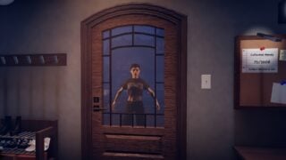 Screenshot from Home Alone Anomaly, showing a visitor that resembles a young woman with tattoos and cropped black hair. 