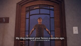 Screenshot from Home Alone Anomaly, showing a visitor that appears to be a man in a black polo shirt. 