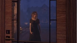Screenshot from Home Alone Anomaly, showing an NPC that resembles a woman in a black dress, with messy hear and streaked mascara.