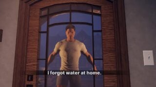 Screenshot from Home Alone Anomaly, showing a visitor that resembles a muscular man in shorts and a white T shirt.