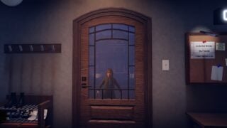 Screenshot from Home Alone Anomaly, showing a visitor that appears to be a young girl in a brown jacket. 