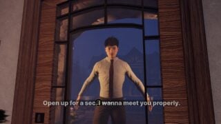 Screenshot from Home Alone Anomaly, showing an NPC that appears to be a smiling, dark-haired man in a white shirt and red tie.