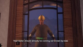 Screenshot from Home Alone Anomaly, showing a visitor that resembles a man in workwear and a yellow hard hat.