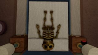 Screenshot from 7 Days Cat-Sitting showing the 'Starved' Ending, where the player's skeleton lies on the bed, reduced to nothing but bones after not eating dinner once. 