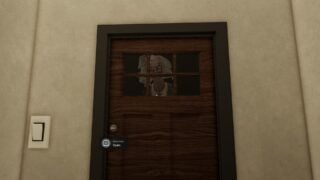 Screenshot from 7 Days Cat-Sitting. It shows the Granny event, with what appears to be an evil-looking old woman peering through the glass of the front door. 