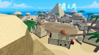 Screen from Blox Fruits showing the new Desert map. It shows a sandy island with a small village backed by a large pyramid.