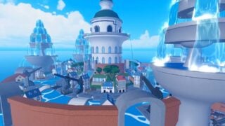Screenshot of the new Fountain City map in Blox Fruits. It shows an artificial island, with a town in the center. Four giant fountains are built into the town's defensive walls. 