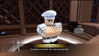 Screen from a Blox Fruits cutscene showing the Tavern Owner NPC, a man with white hair, a moustache, and a chef's hat, thanking the player for helping clear some pirates out of his tavern.