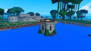 Screenshot of the new Jungle map. A tower rises from a blue lake, with rope bridges leading from the top of it to the edges, and to a fort close by. There are trees with vines in the background.