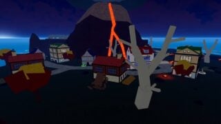 Screenshot showing the new map of Magma Village in Blox Fruits. It shows a dark island made of black stone, with an active volcano rising out of the center with a stream of lava running down the side. There are houses scattered around the volcano's base.