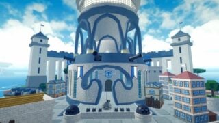 Screenshot from Blox Fruits showing a view of the new Marine Fortress map. It shows a large keep made of white bricks with blue decorations. Large cannons are mounted all around the wall.