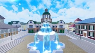 Blox Fruits screenshot of the reworked Middle Town map, showing a square with a large fountain. Behind it stands a town hall building with a green domed roof. 