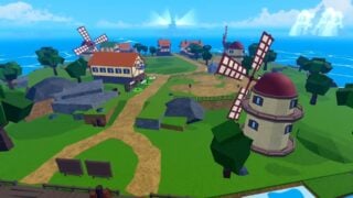 Screenshot from Blox Fruits showing the new map of the Pirate Starter Island. It shows a grassy green island, with several houses and three windmills.