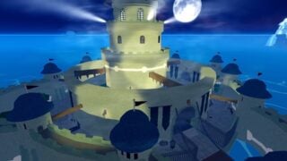 Screenshot from Blox Fruits showing Prison Island. It shows an island lined with thick walls. In the center there's a large tower keep, lined with spotlights.