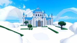 View of the reworked Blox Fruits Skylands map. It shows a floating cloud island with a castle on top. The building is white with a blue roof. Some of the walls appear overgrown with ivy, and some windows are boarded up. 