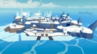 Screenshot showing the new Snow Island map. It's an overhead view of a cold, snowy island with large spikes of ice around its coast. A watchtower stands on one side. 