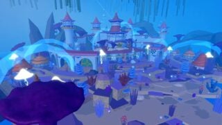 Blox Fruits screenshot showing the new Underwater City. It shows an elaborate city with decorated towers, sitting on the sea bed surrounded by colorful corals. 