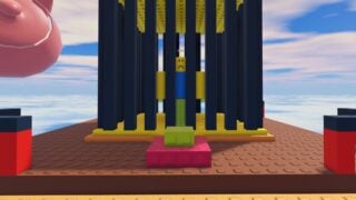 A screenshot from Roblox The Hunt 20's 2007 hub area. It shows a noob model standing inside a cage with a button in front of it. The noob has a frowny face on.
