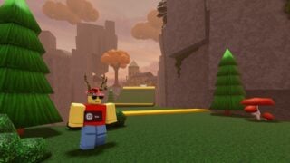 A screenshot from Roblox The Hunt 20's 2014 hub area. It shows the NPC Nikilis, wearing pixel sunglasses and a hat with antlers. Behind him stands a speedrun track, with a town in the distance.