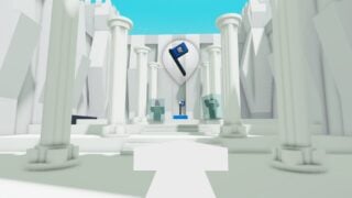 A screenshot from Roblox The Hunt 20's 2012 hub area. It shows the flag you need to capture as part of the zone quest. The blue flag is flanked by two characters frozen in ice cubes.