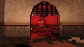 A screenshot from Roblox The Hunt 20's 2013 hub area. It shows a crypt area in the cathedral, lit with red light. 
