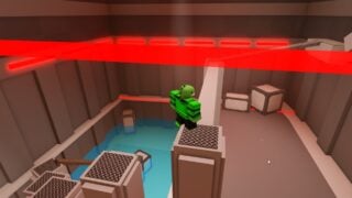  A screenshot from Roblox The Hunt 20's 2015 hub area. It shows a player in the flood parkour, a vertical shaft full of platforms and lasers with rising water.