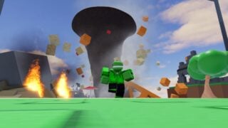 A screenshot from Roblox The Hunt 20's 2009 hub area. It shows a player dressed as a green dinosaur running from a large tornado that is kicking up debris into the air behind them.