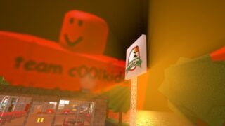 Screenshot from Work At A Pizza Parlor's The Hunt 20 event quest. It shows the pizza shop, but there is only one brother on the sign, and it's known as 'Builder Brother Pizza'. The sky it day, with a huge floating red figure looming over the pizza shop.