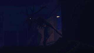 Screenshot form West Wood showing the wendigo monster breaking in through a door into a dark room. It's a large, gangly creature with antlers.