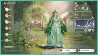 The Forest of Butterfly Dreams outfit in Aniimo. It features a long pale green dress, long green hair that has the appearance of leaves and flowers, elf ears and antlers.